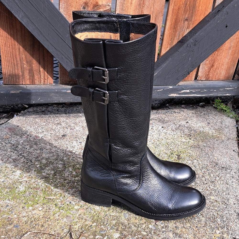 gentle souls Black Leather Mid-Calf Buckle Heeled Boots